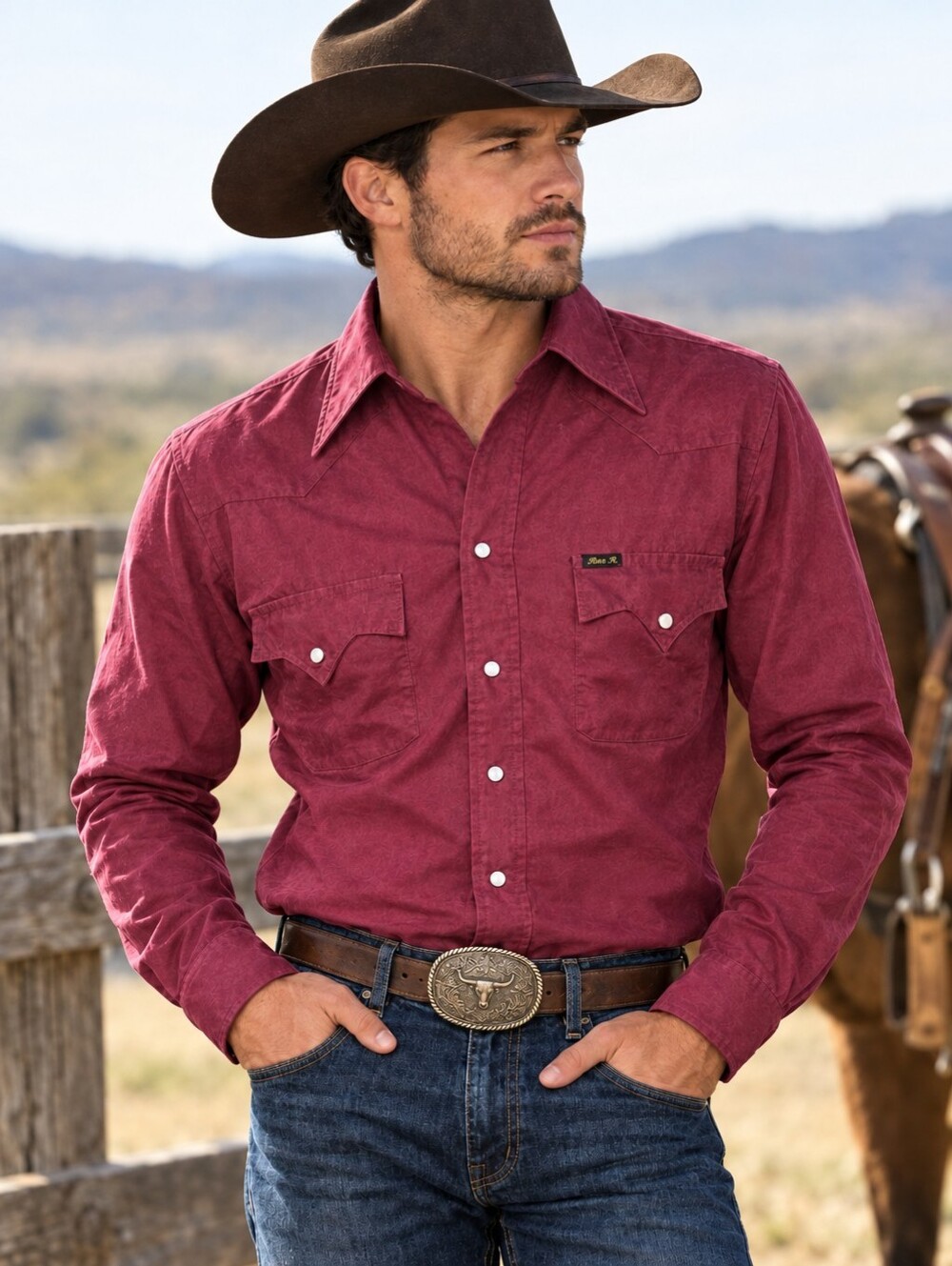 Vintage Bar-M Rancher Men's Burgundy Pearl Snap Button-Up Western Shirt Size M